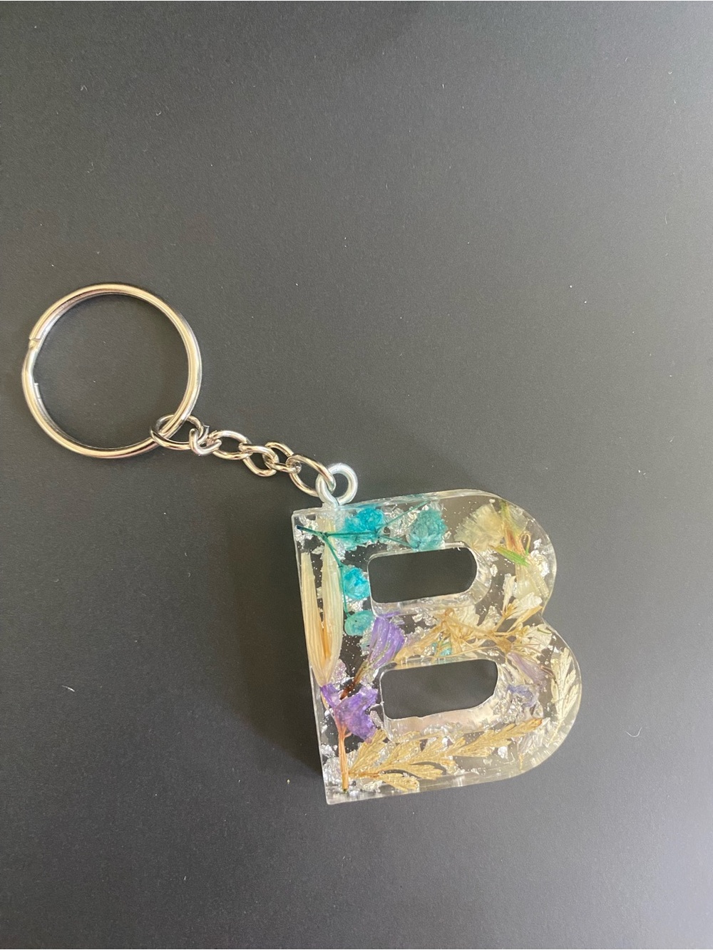 Resin Letter ‘B’ Keychain/Bagcharm with Dried Flowers & Silver Flakes - Handmade